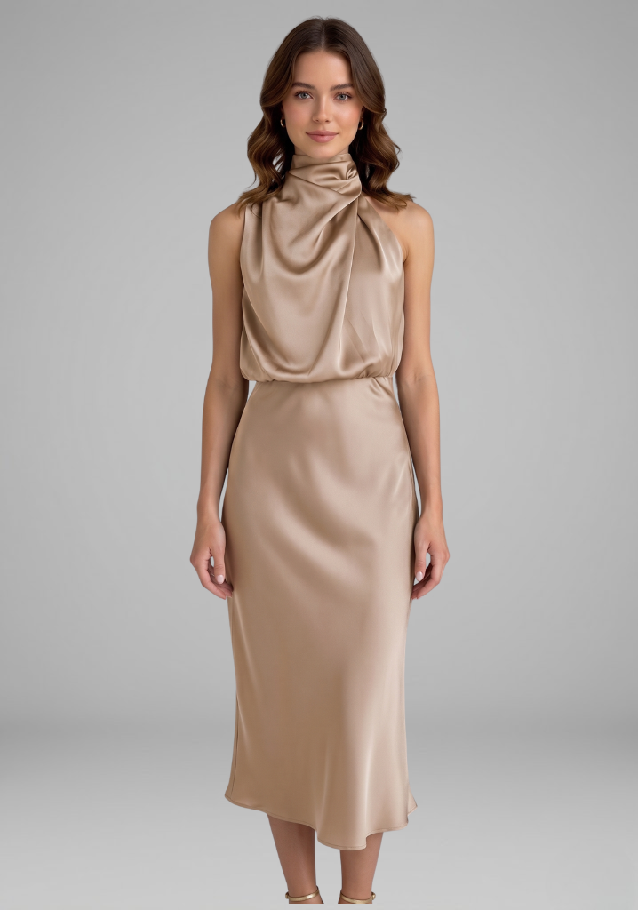 Celeste Marconi | Satin High Neck Midi Dress For Women