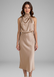 Celeste Marconi | Satin High Neck Midi Dress For Women