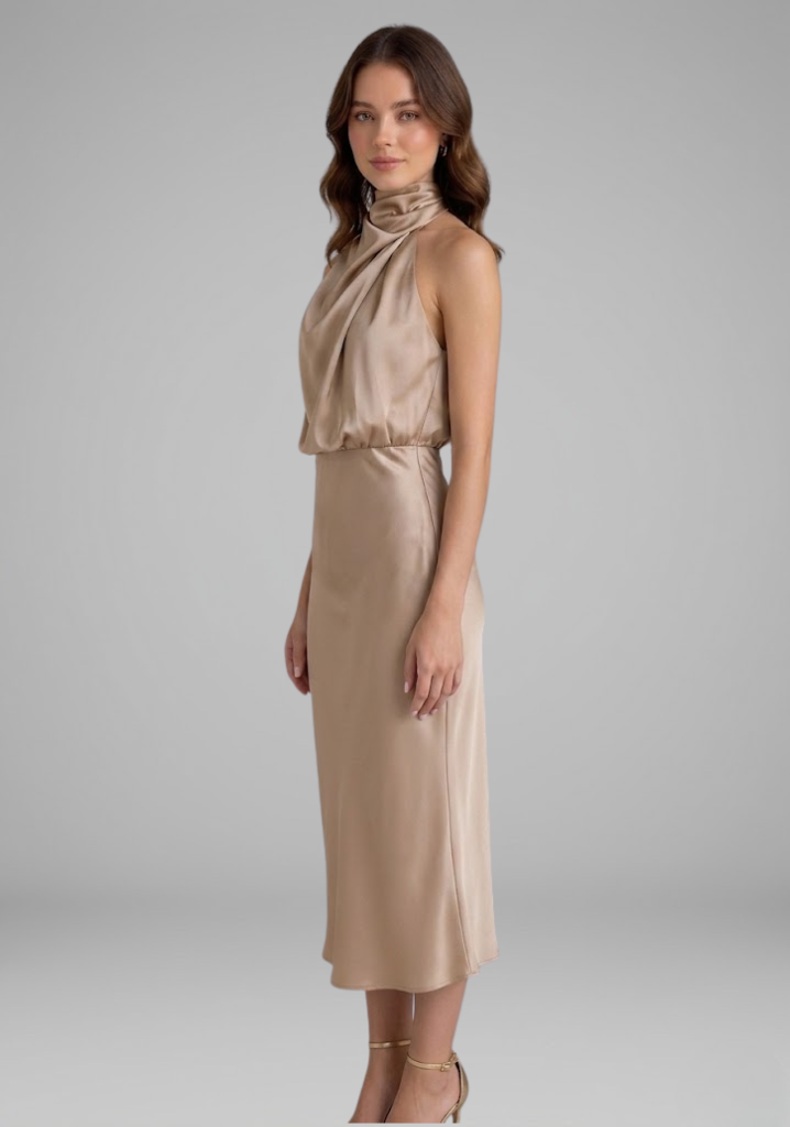 Celeste Marconi | Satin High Neck Midi Dress For Women