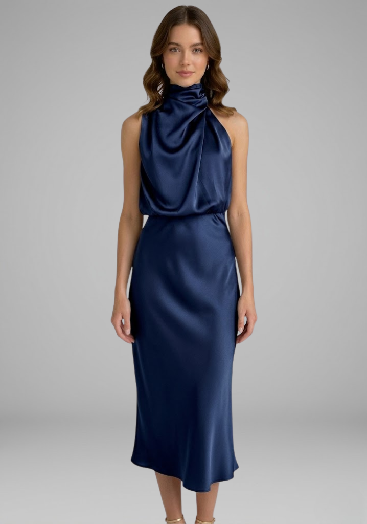 Celeste Marconi | Satin High Neck Midi Dress For Women