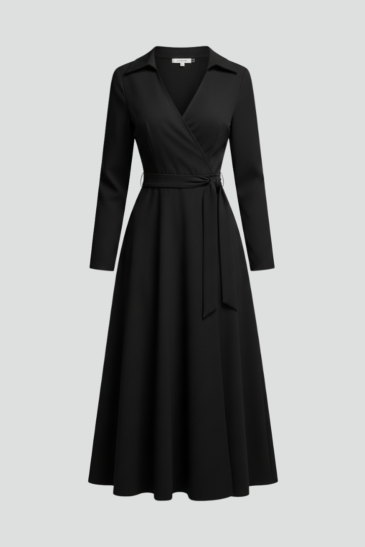 Olivia Laurent | Elegant Black Wrap Midi Dress For Women