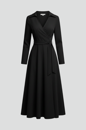 Olivia Laurent | Elegant Black Wrap Midi Dress For Women
