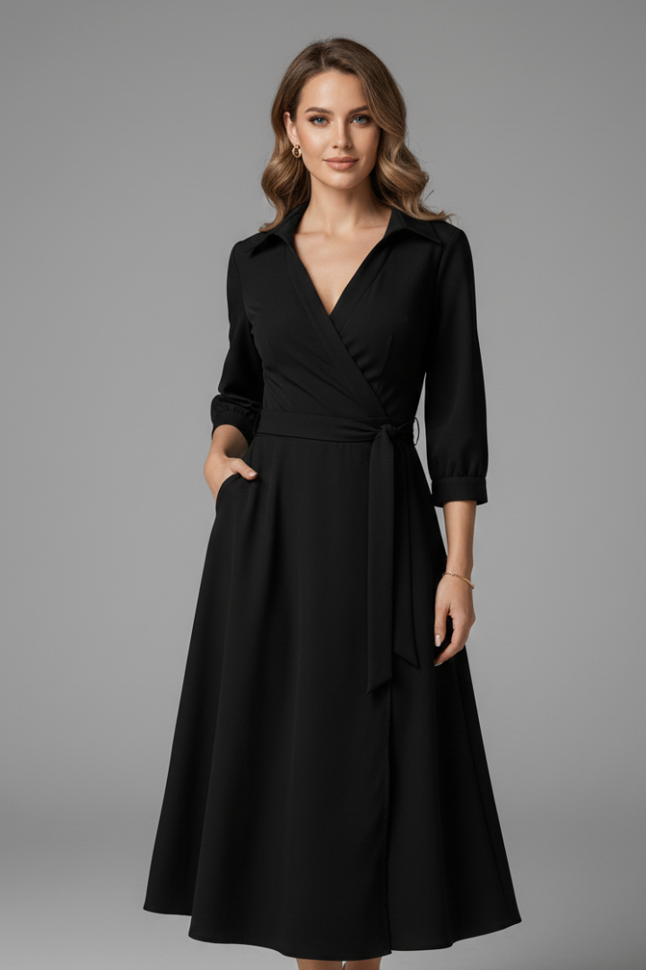 Olivia Laurent | Elegant Black Wrap Midi Dress For Women