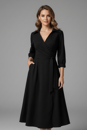 Olivia Laurent | Elegant Black Wrap Midi Dress For Women