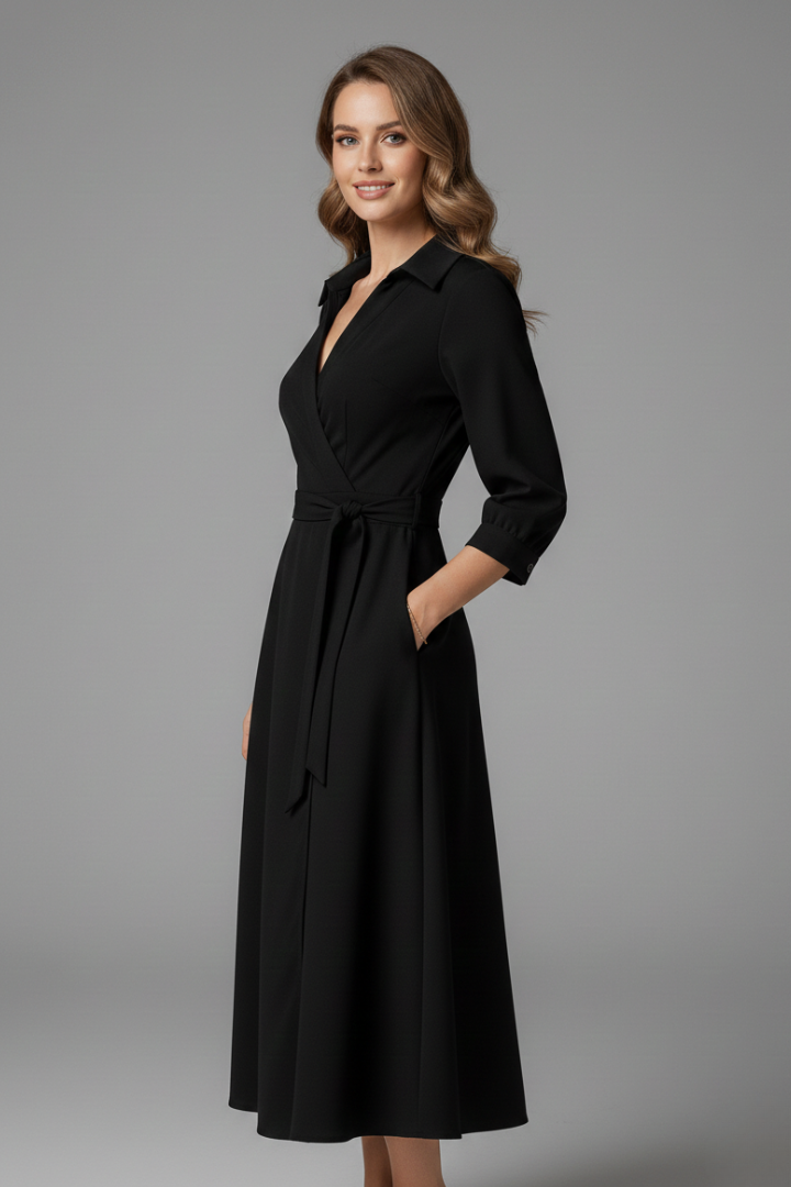Olivia Laurent | Elegant Black Wrap Midi Dress For Women