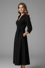 Olivia Laurent | Elegant Black Wrap Midi Dress For Women