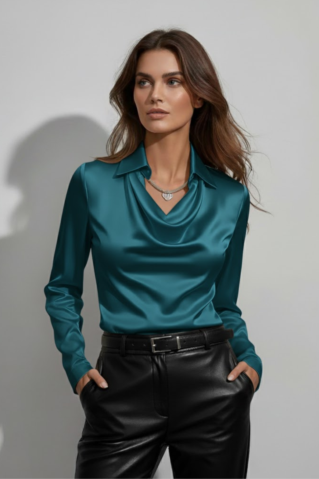 Rhea Markham | Draped Cowl Neck Satin Blouse For Women