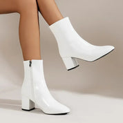 Yvette Collins | White Patent Block Heel Ankle Boots