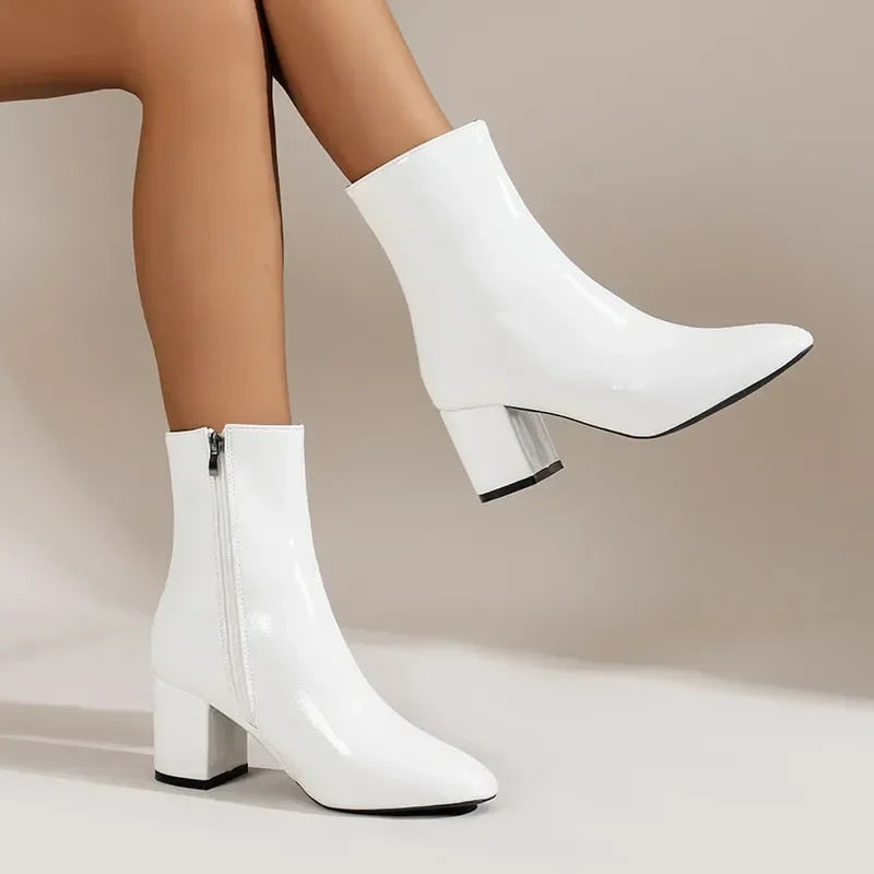 Yvette Collins | White Patent Block Heel Ankle Boots