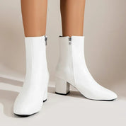 Yvette Collins | White Patent Block Heel Ankle Boots