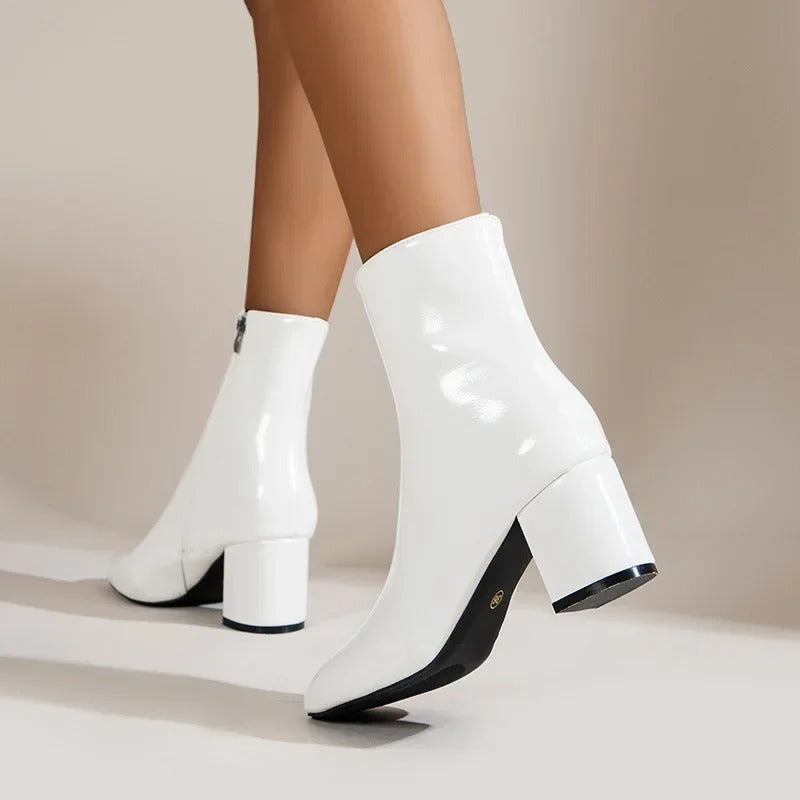 Yvette Collins | White Patent Block Heel Ankle Boots