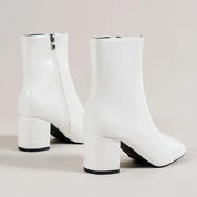 Yvette Collins | White Patent Block Heel Ankle Boots