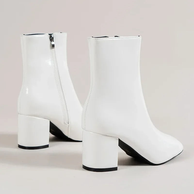 Yvette Collins | White Patent Block Heel Ankle Boots
