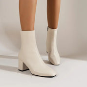 Yvette Collins | White Patent Block Heel Ankle Boots