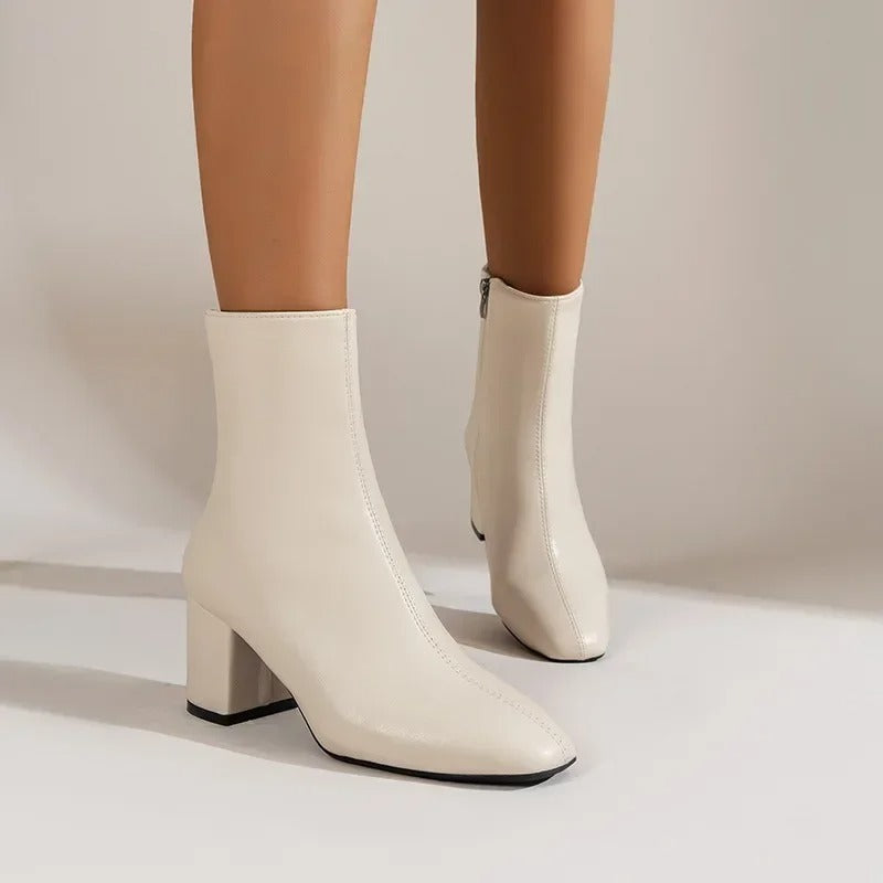 Yvette Collins | White Patent Block Heel Ankle Boots