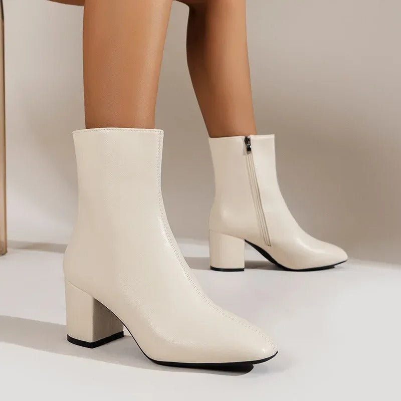 Yvette Collins | White Patent Block Heel Ankle Boots