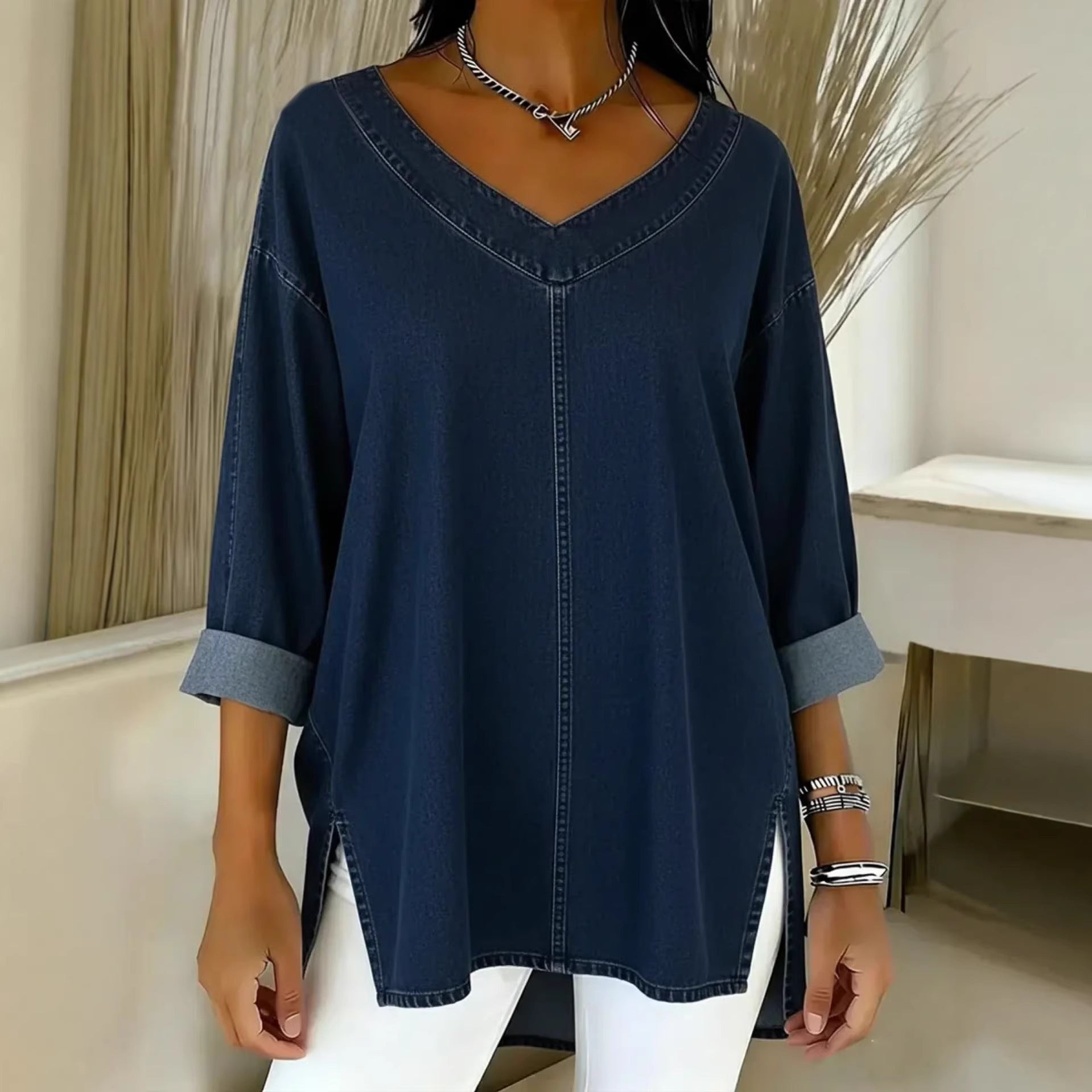 Amelia Kensington | Denim V-Neck Blouse For Women