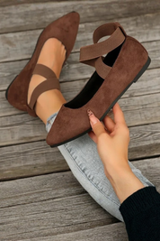 Élodie Marchand | Beige Suede Cross-Strap Pointed Ballet Flats