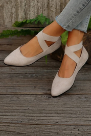 Élodie Marchand | Beige Suede Cross-Strap Pointed Ballet Flats