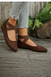 Élodie Marchand | Beige Suede Cross-Strap Pointed Ballet Flats