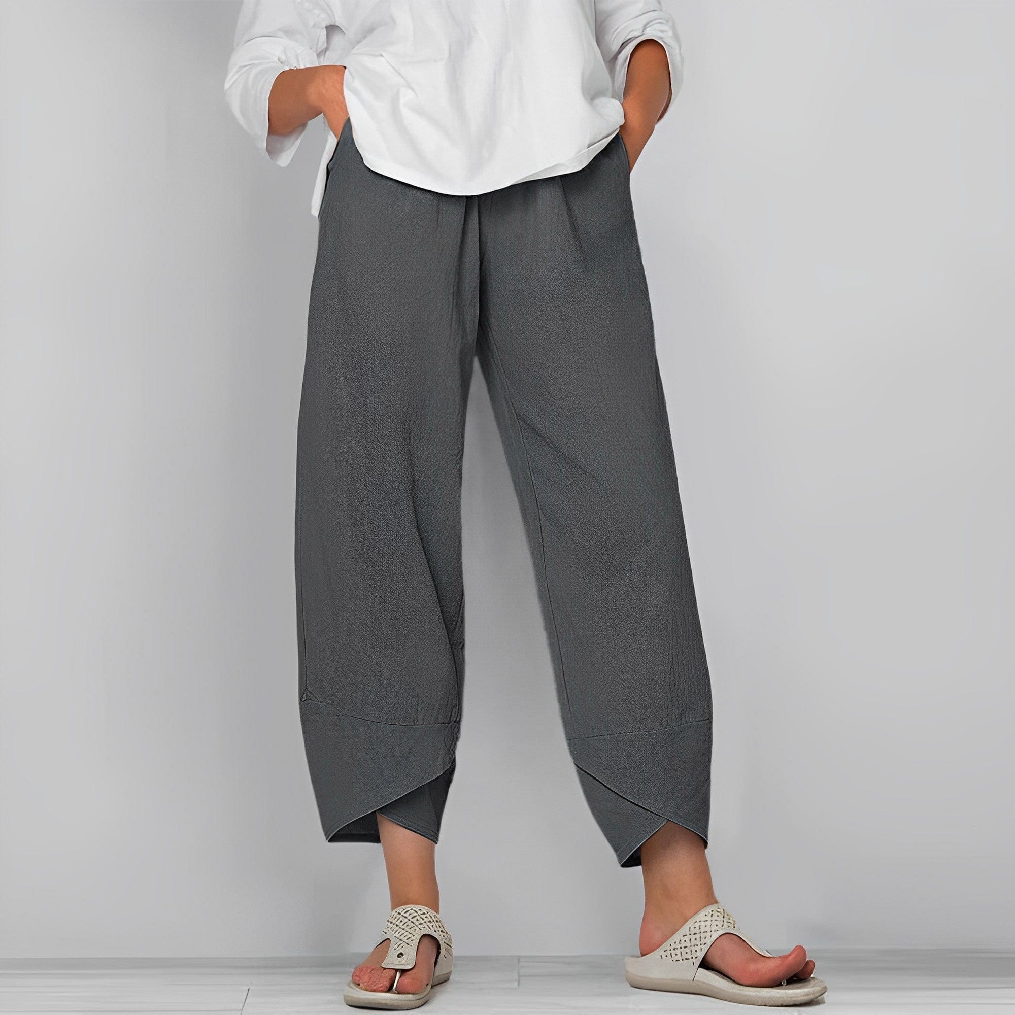 Genevieve Ashford | Wide Leg Asymmetric Linen Trousers in Grey