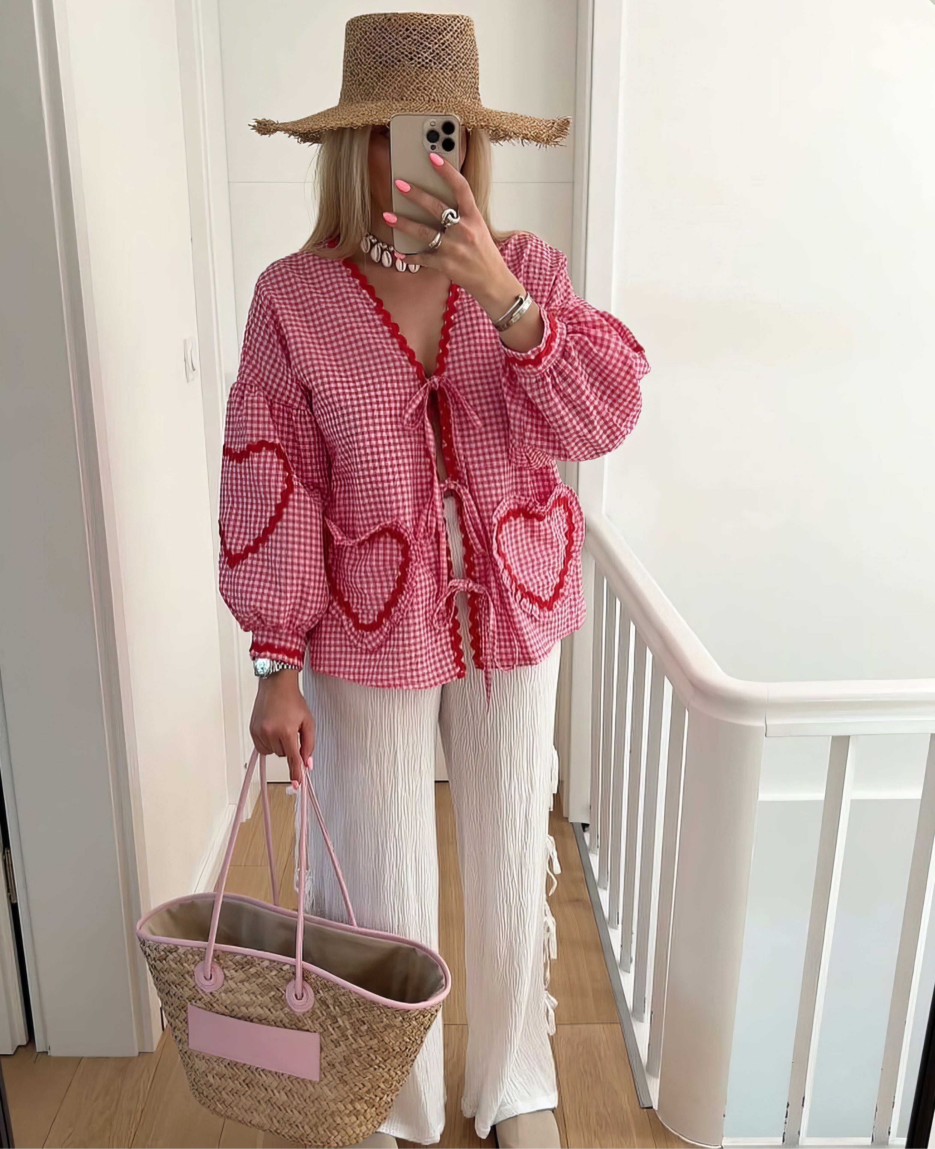 Lindsey Logan | Heart Detail Gingham Blouse For Women